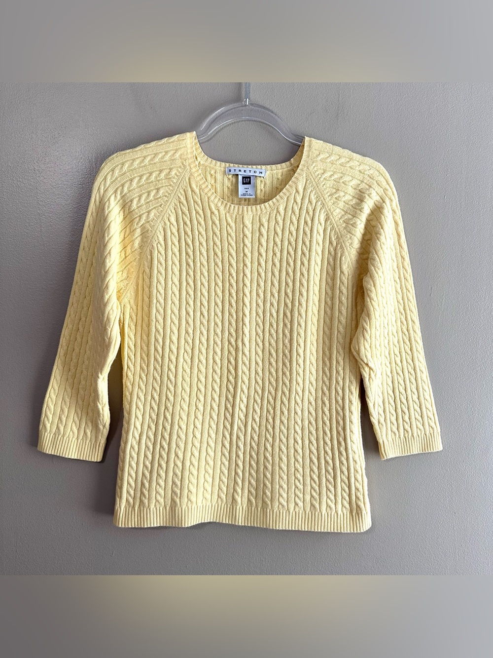 GAP Yellow Stretch Cable Knit 3/4 Sleeve Y2K Preppy Crew Sweater Womens Medium